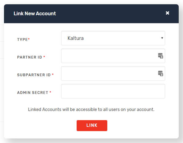 The Link New Account box is shown with Kaltura selected as the option for Type.