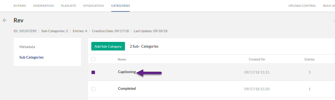 An arrow points to Captioning under Sub-Categories.