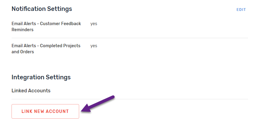 An arrow points to Link New Account under Integration Settings.