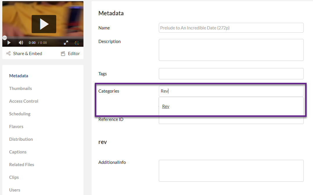 The Categories section of Metadata with Rev selected is highlighted.