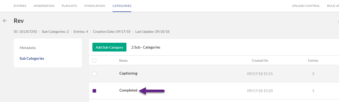 An arrow points to Completed under Sub-Categories.