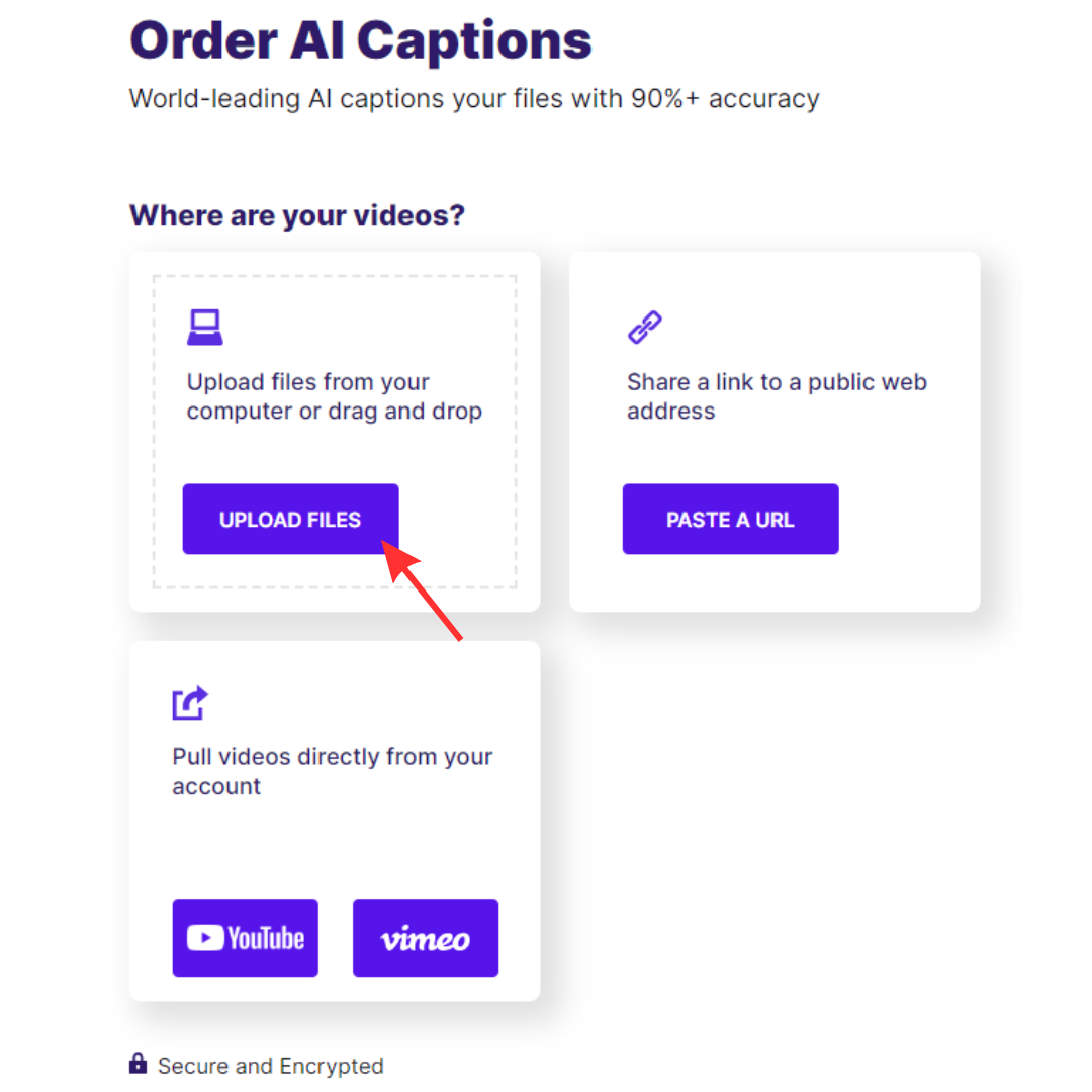 Screenshot of AI Captions checkout upload files button