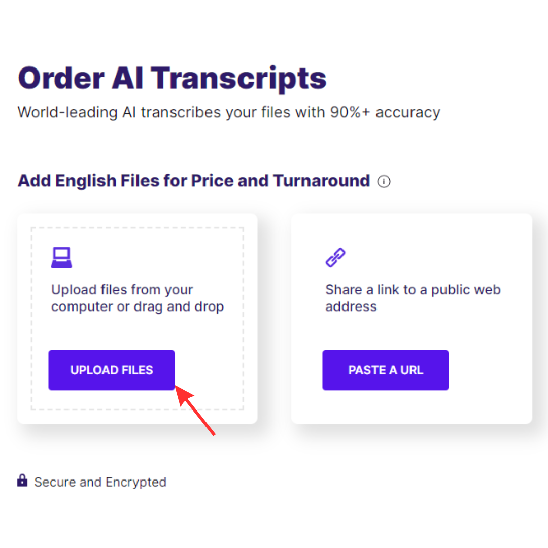 Screenshot of AI Transcription checkout upload files button