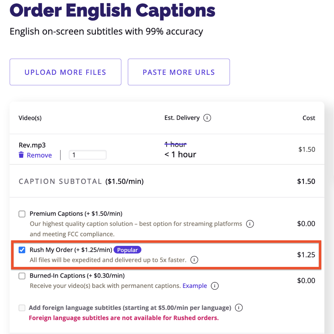 Screenshot of captions Rush My Order button