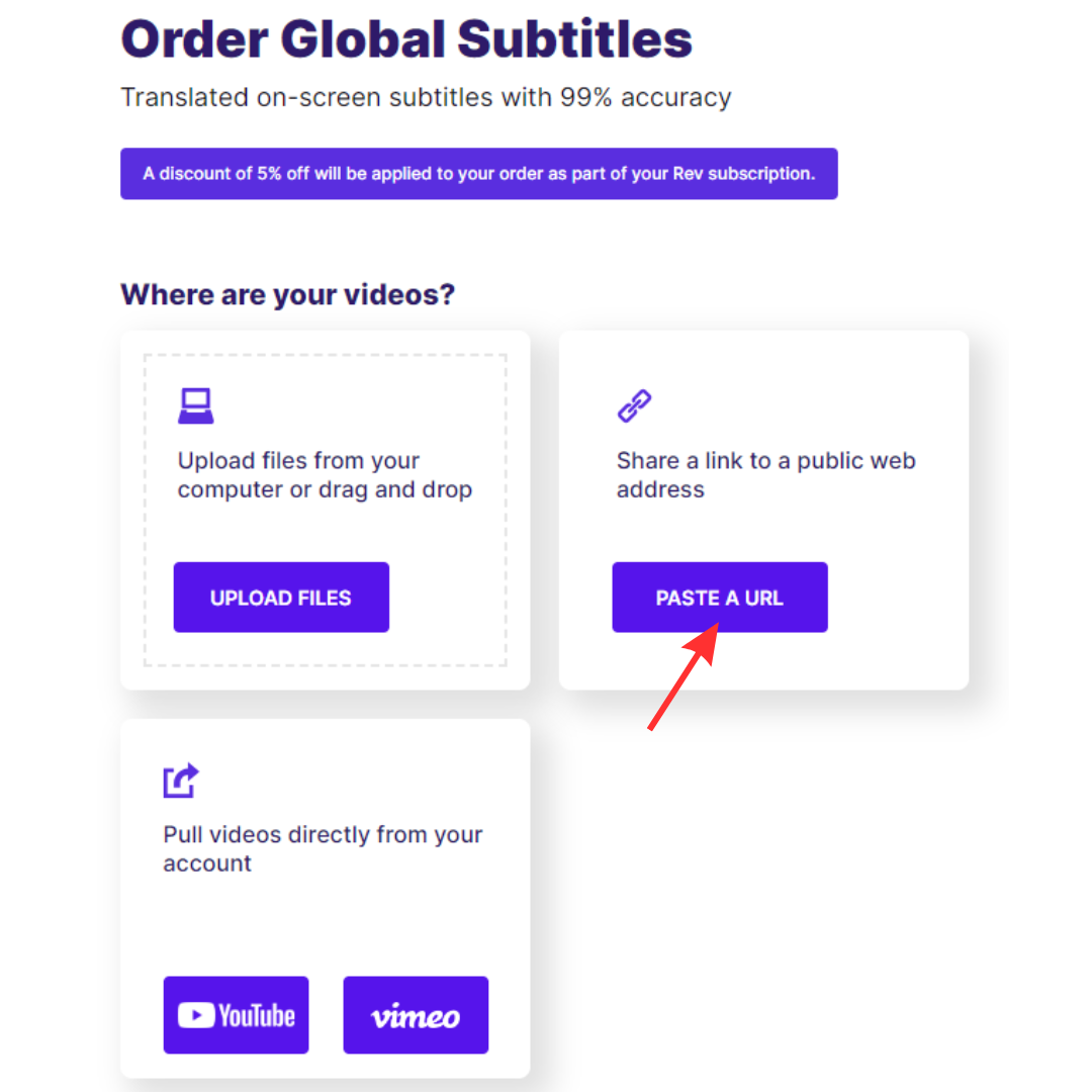 Screenshot of subtitles checkout page paste a URL button