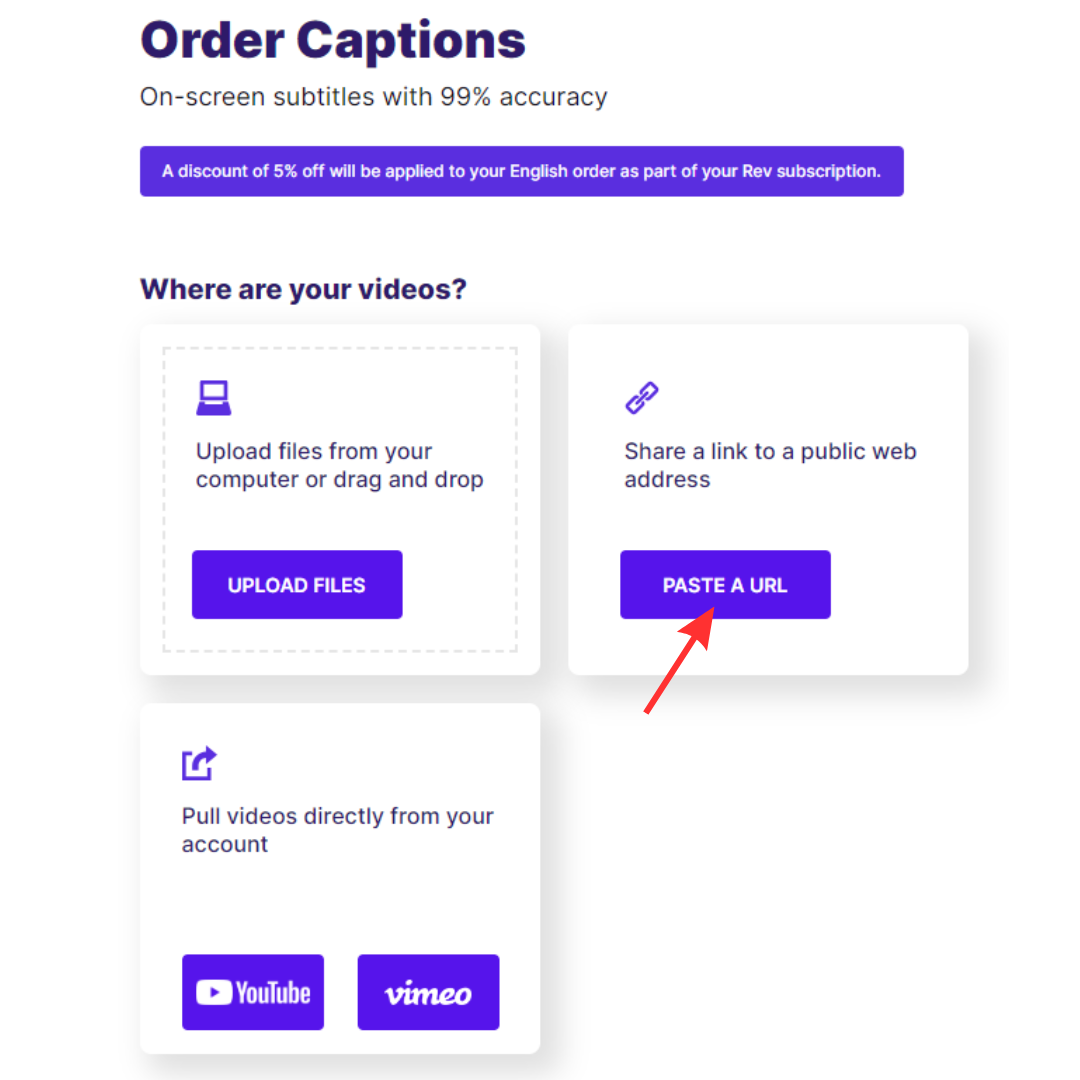 Screenshot of captions checkout page paste a URL button