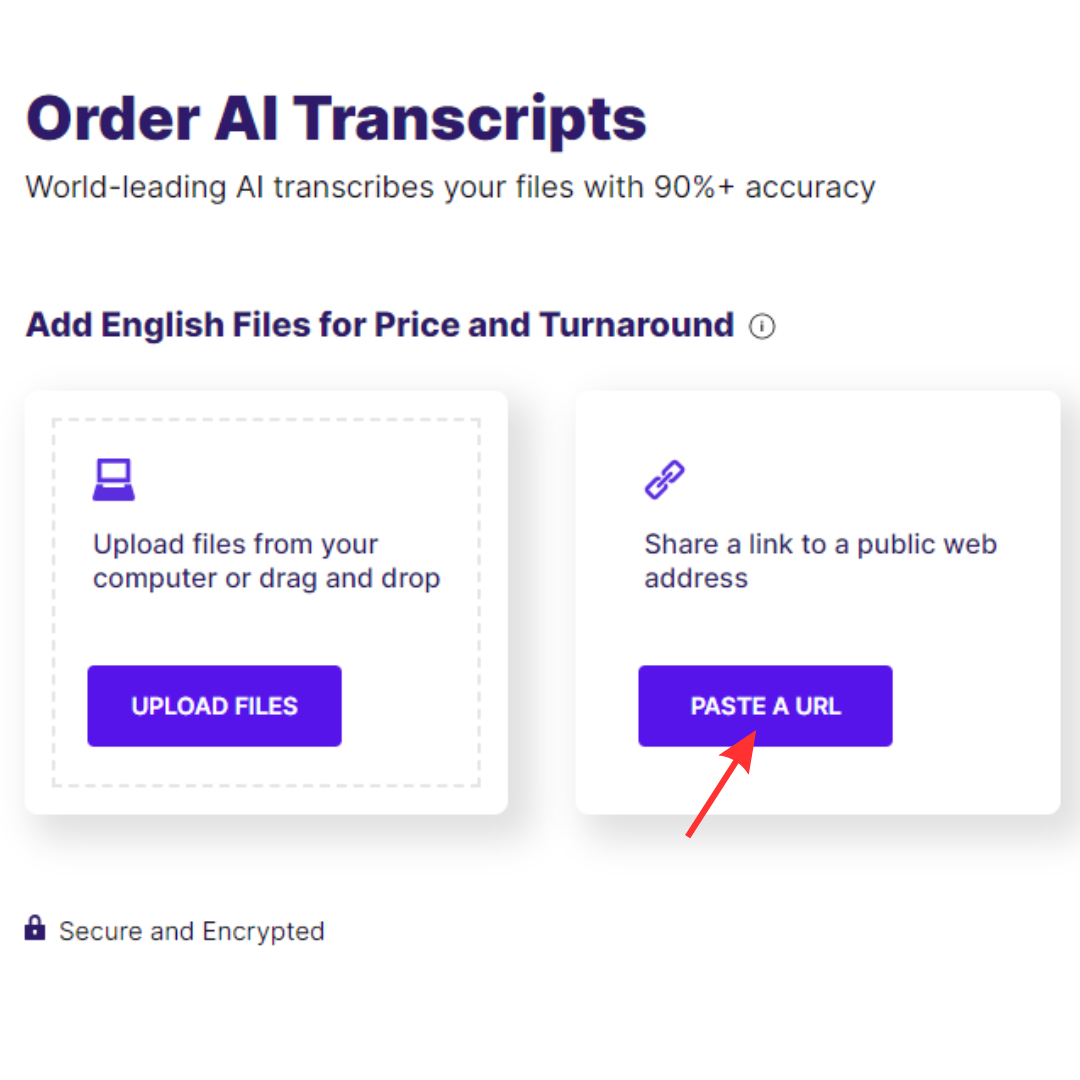Screenshot of AI transcription checkout page paste a URL button