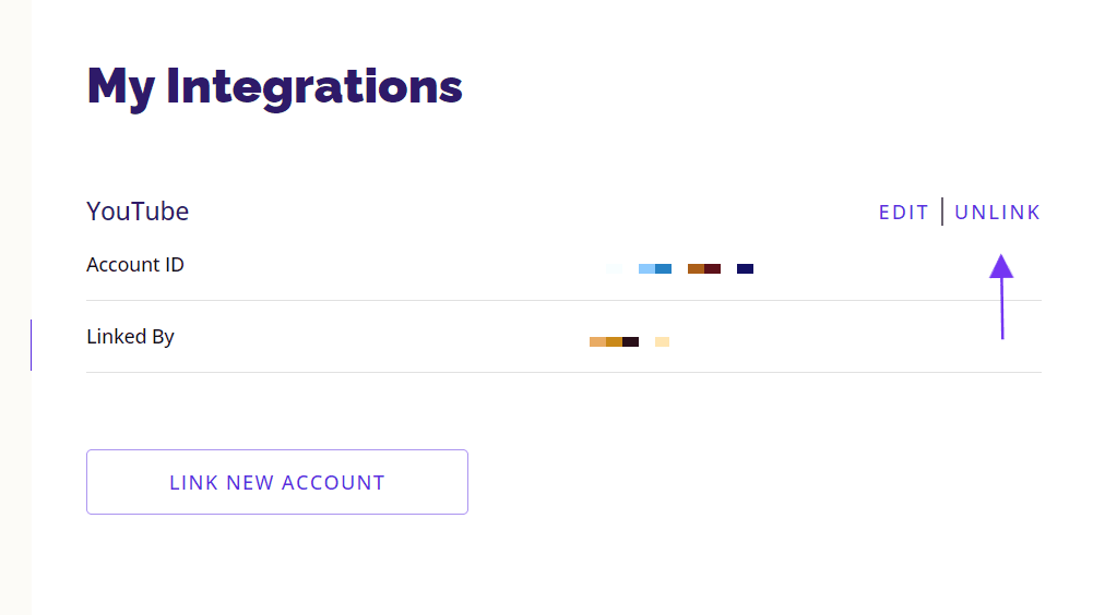 Rev My Integrations page with an arrow pointing to Unlink next to a YouTube account
