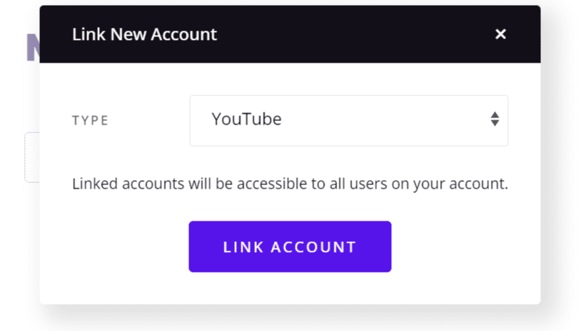 Link New Account window with YouTube selected and the Link Account button